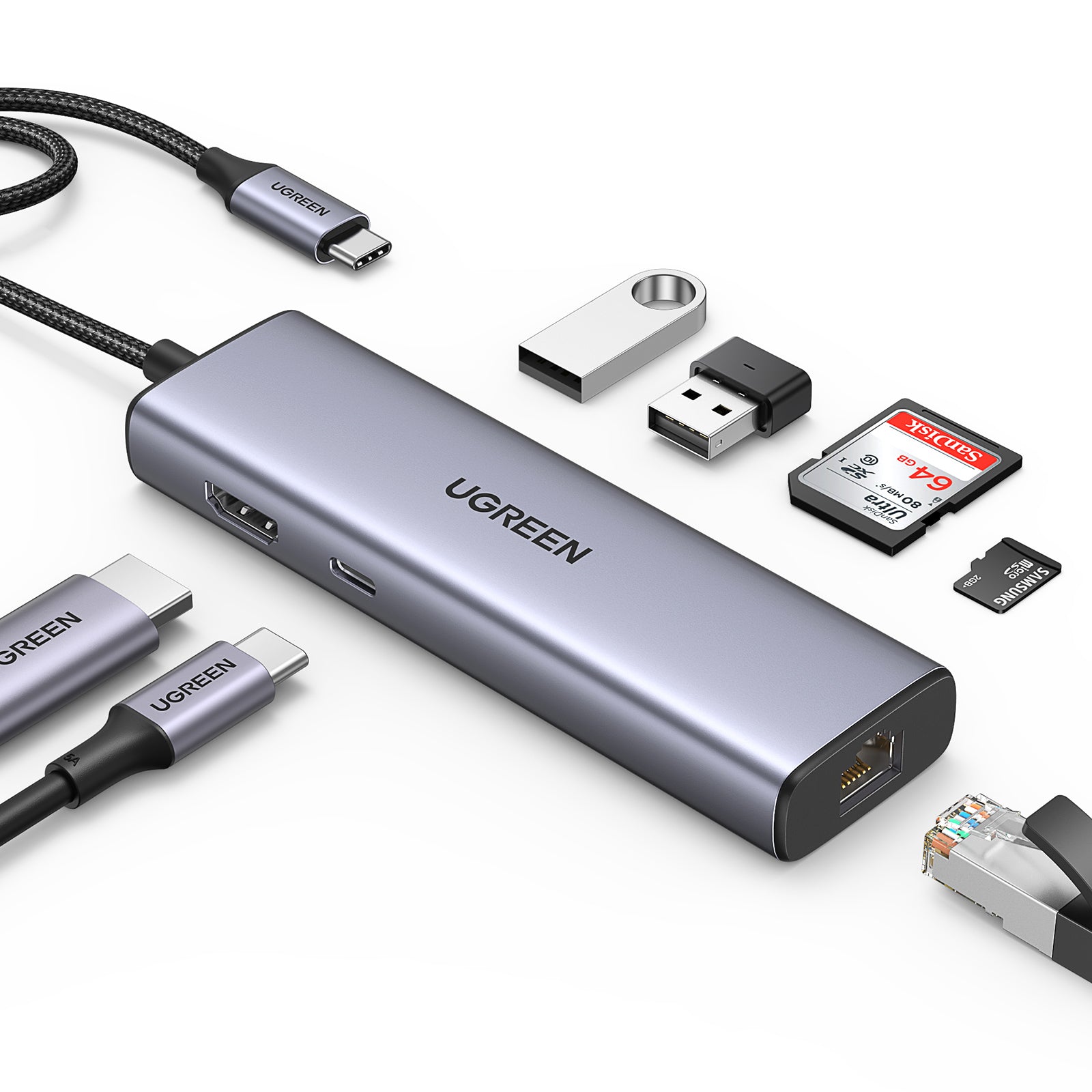 Ugreen 90568 Multiport-Adapter – USB-C, HDMI, 2× USB-A, SD/microSD, für MacBook/iPad Pro/Dell