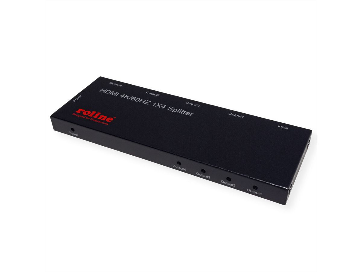 ROLINE HDMI Video-Splitter, 1× HDMI In / 4× HDMI Out, 4K@60 Hz, HDCP 2.2/1.4, USB-Stromversorgung, Schwarz