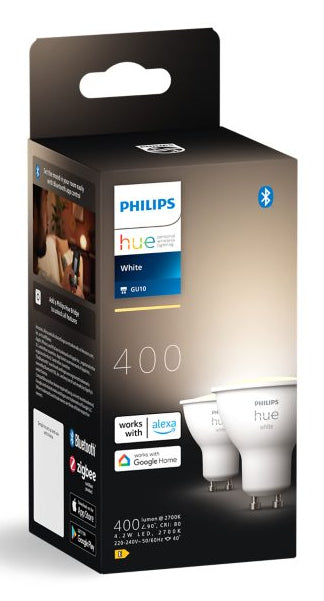 Philips Hue White LED-Leuchtmittel GU10 2er-Pack – 4,2 W dimmbar, 2700 K, für Bluetooth/Zigbee/Apple HomeKit