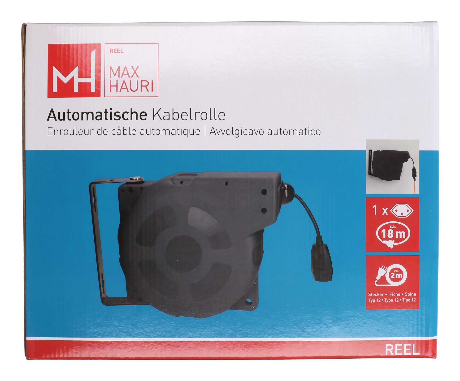 Max Hauri AG Max Hauri Kabelrückzugsrolle – 20,00 m, Kunststoff, Schwarz, Thermoschutz, IP20, 1 Steckdose
