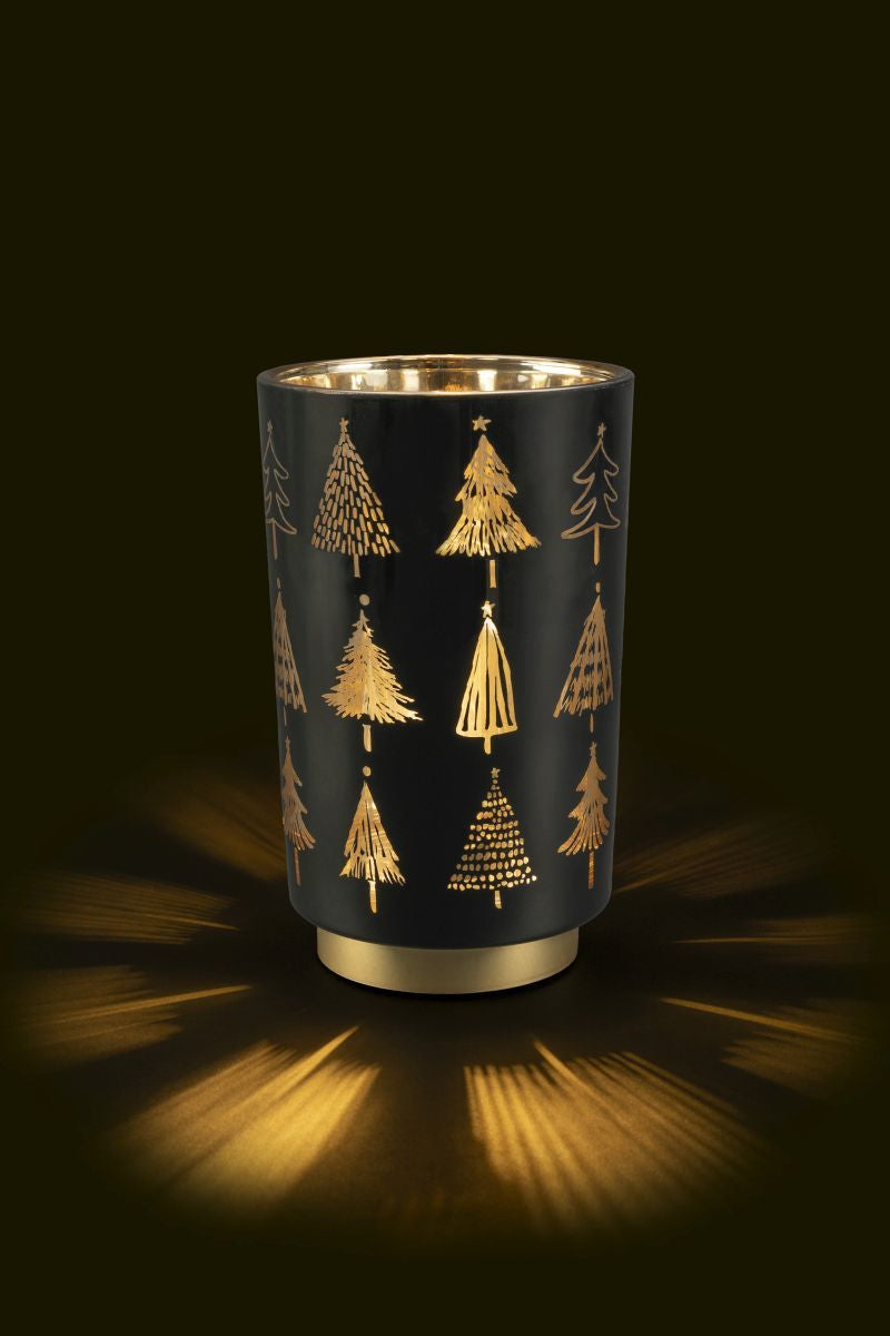 STT Dekoratives Licht Glas Baum Laterne M – Ø 12 × 20 cm, warmweiss, schwarz, batteriebetrieben, Timer