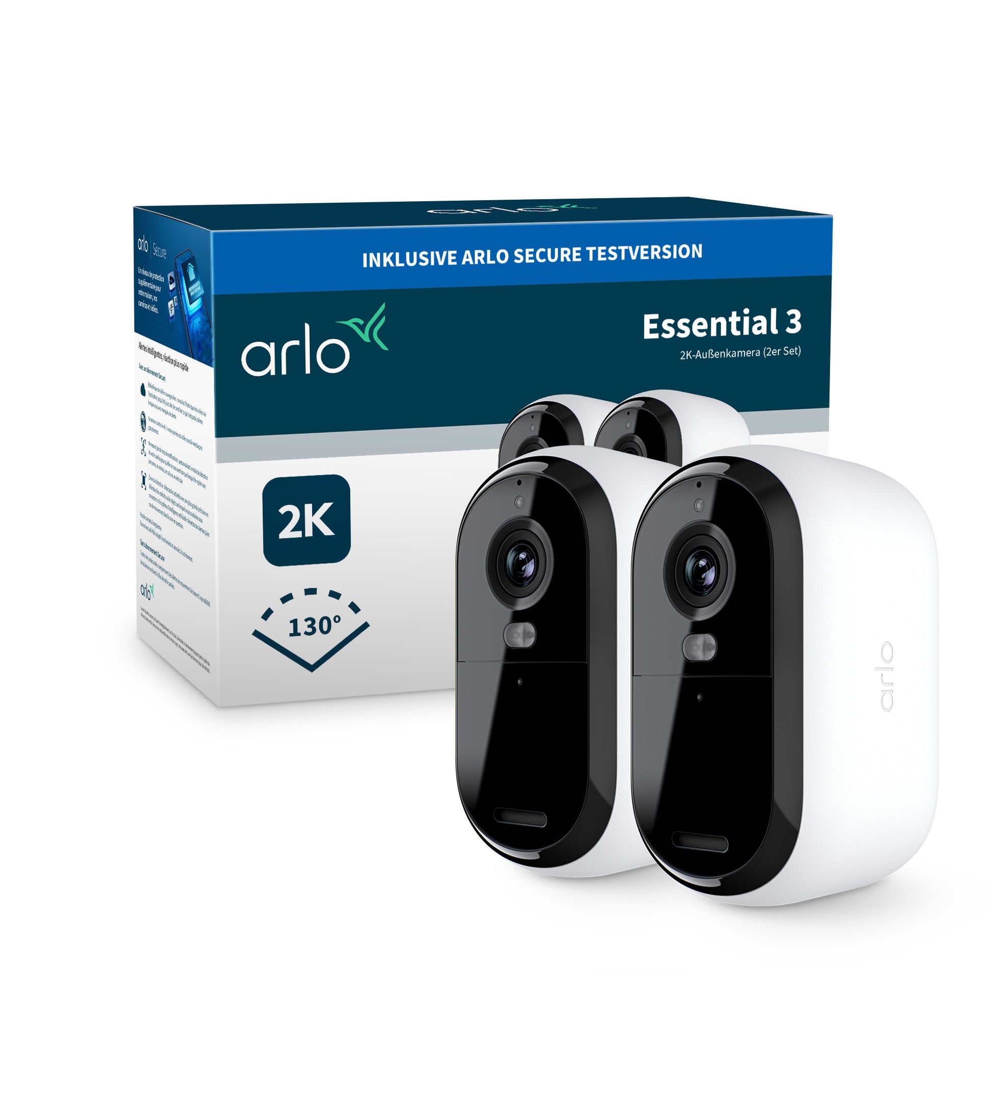 Arlo VMC3280 Essential3 Outdoor Wildkamera – 4 MP, Reichweite 5 m, IP65, für Google Assistant, Weiss, 2er-Pack