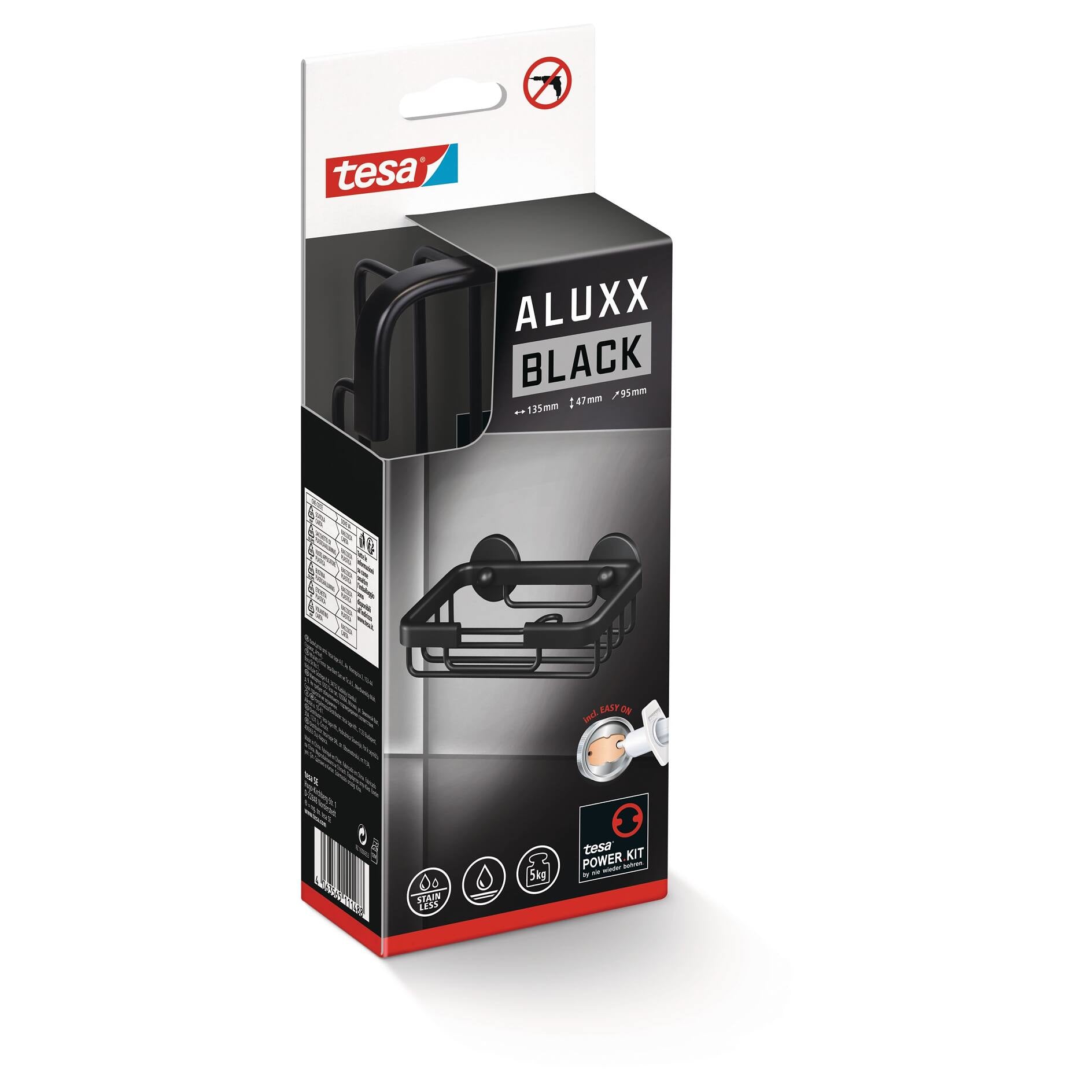 TESA Seifenhalter (Wand) – Aluminium, 5 kg, Wandmontiert, 13,5×9,5×4,7 cm, Schwarz matt
