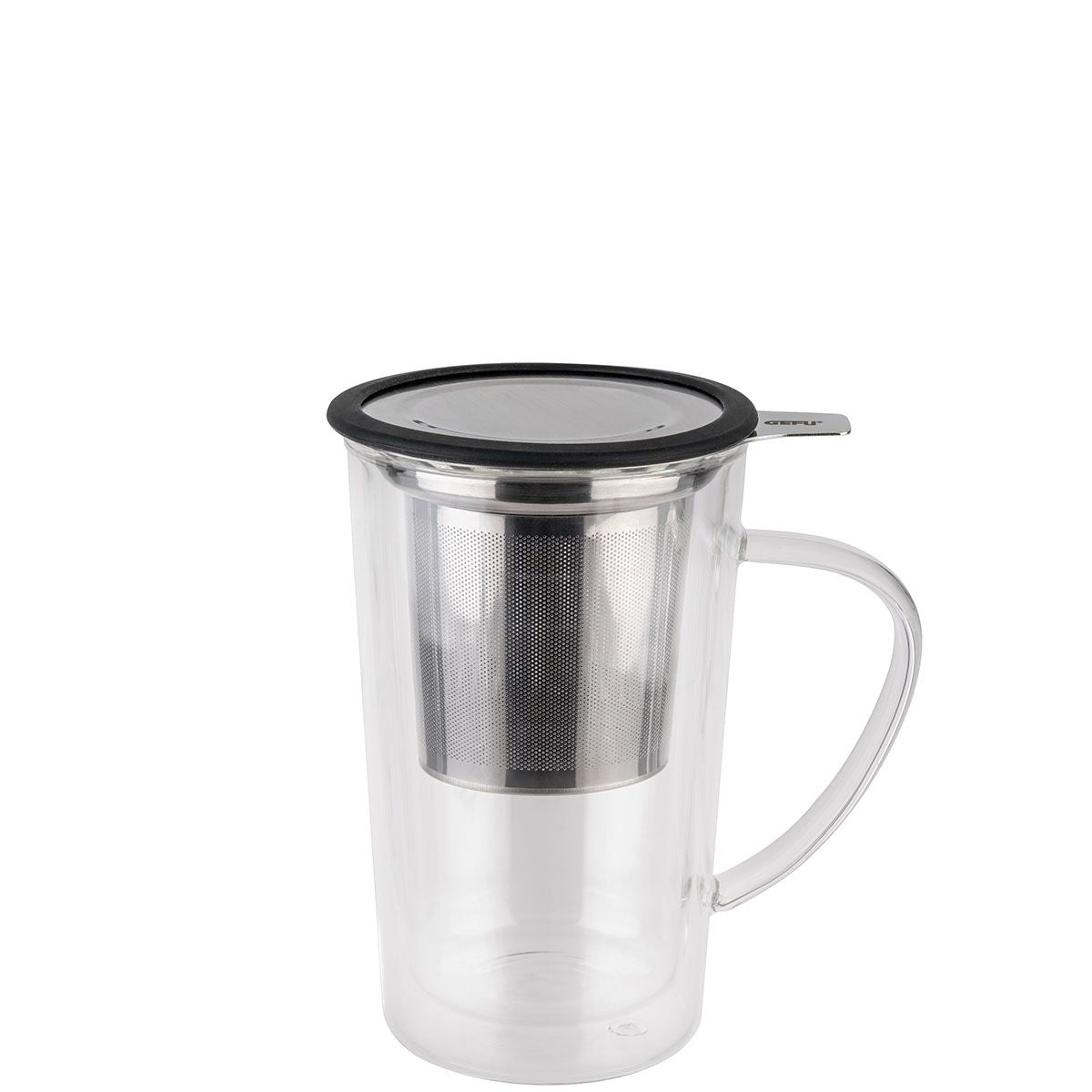GEFU Tee-Glas MIRA – 235 ml, H 14,5 cm, Borosilikatglas, Schwarz/Transparent, mit Glasfilter, doppelwandig