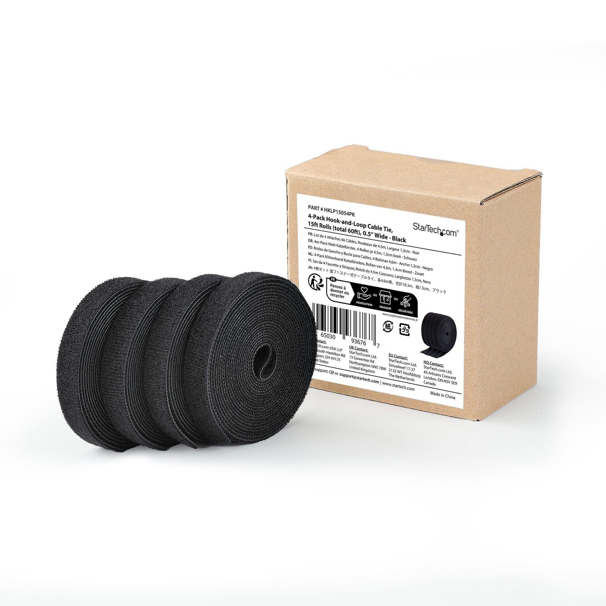 StarTech.com Klettbandrolle, 12,7 mm × 4,6 m, Schwarz, 4 Stück