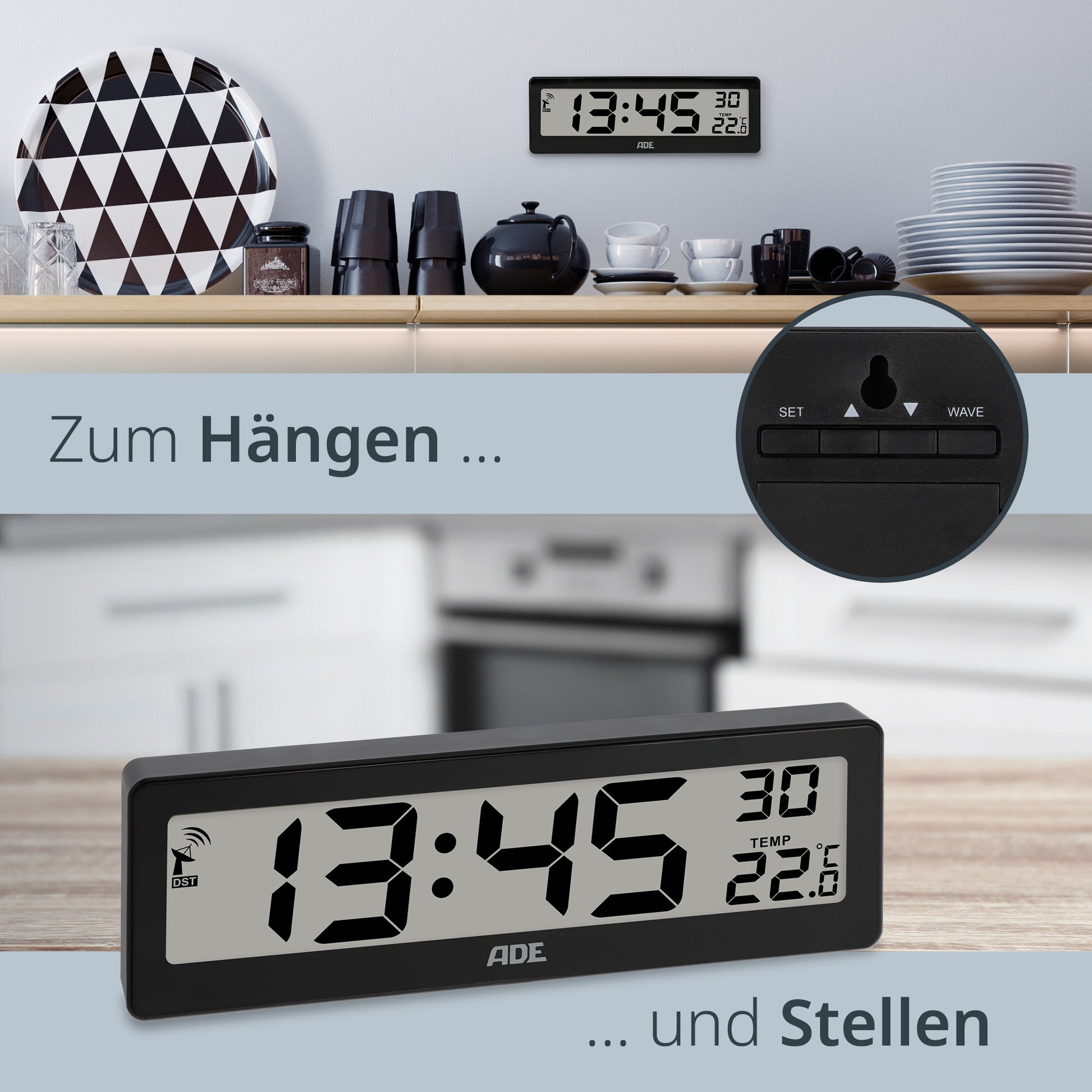 ADE Wecker CK1704-2 – Funk – Digital – 7,2 × 2,2 × 21,6 cm, Schwarz, Thermometer