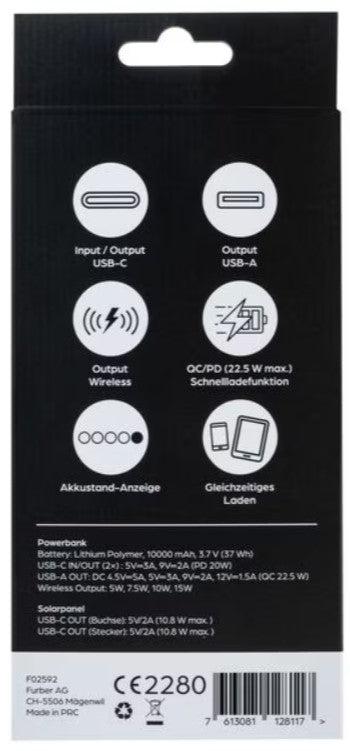 ONIT Powerbank 10000 mAh, PD 20 W, Kabelloses Laden, Solarpanel 10,8 W, Schwarz