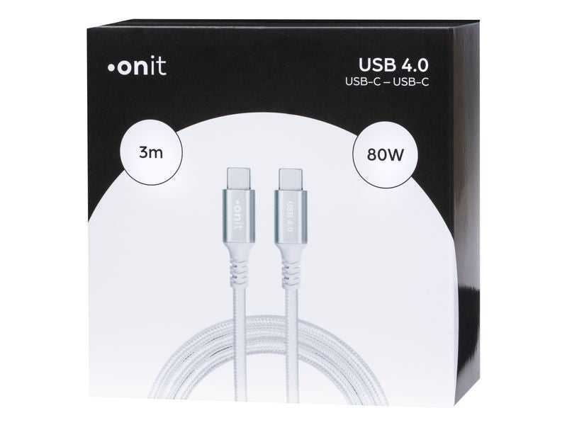 ONIT USB-C auf USB-C Kabel – USB4 20 Gbit/s – 3 m – PD 80 W – Textilmantel – Weiss