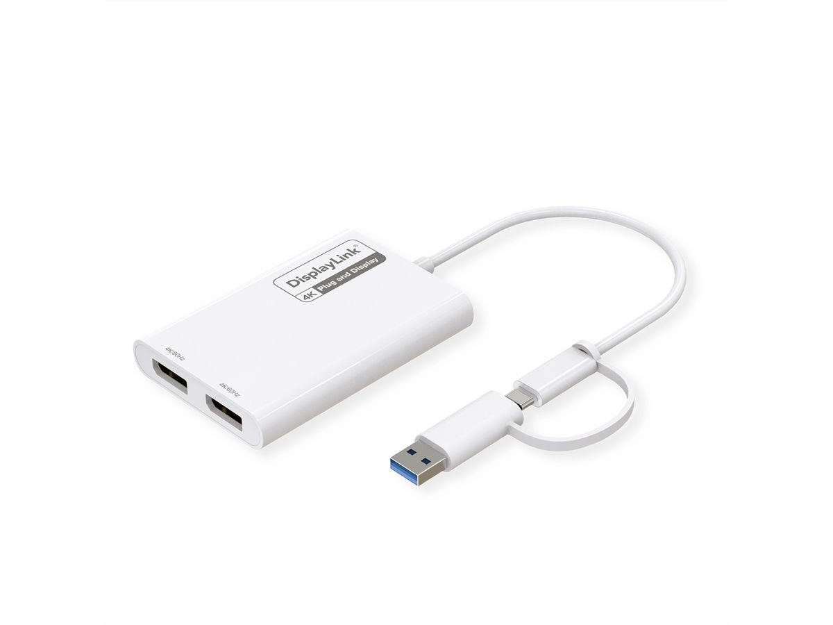 ROLINE Multi-Monitor-Adapter USB-A/USB-C zu DisplayPort – 4K (3840 × 2160) @ 60 Hz, 2× DP, USB 3.2 Gen 1