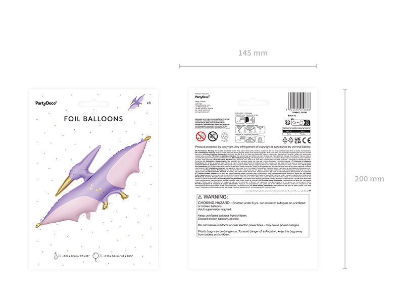 PartyDeco Folienballon Pterodaktylus – Violett – 120 × 62 cm – Folie – 1 Stk