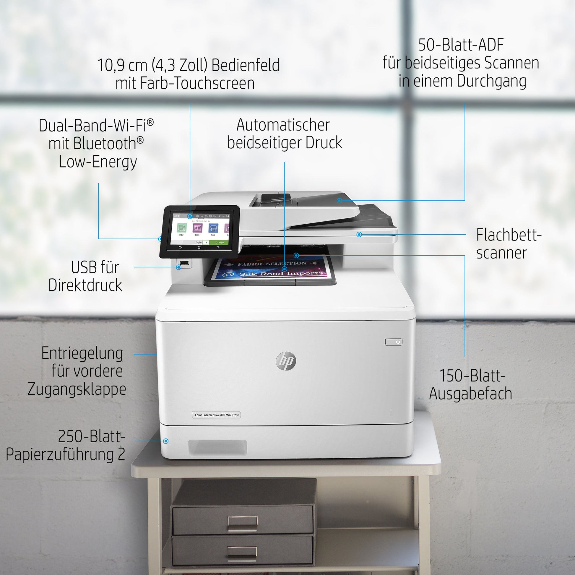 HP Laserjet Pro M479FDW – Farbiges Laser-MFP A4, 4-in-1 – USB/LAN/WLAN – Duplex, ADF, 50-Blatt ADF – 27 Seiten/Min. S/W
