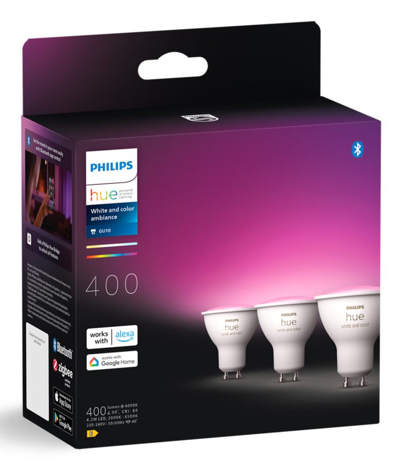Philips Hue LED-Leuchtmittel GU10 3er-Pack – 4,2 W dimmbar, 2000–6500 K, für Zigbee, HomeKit und Alexa