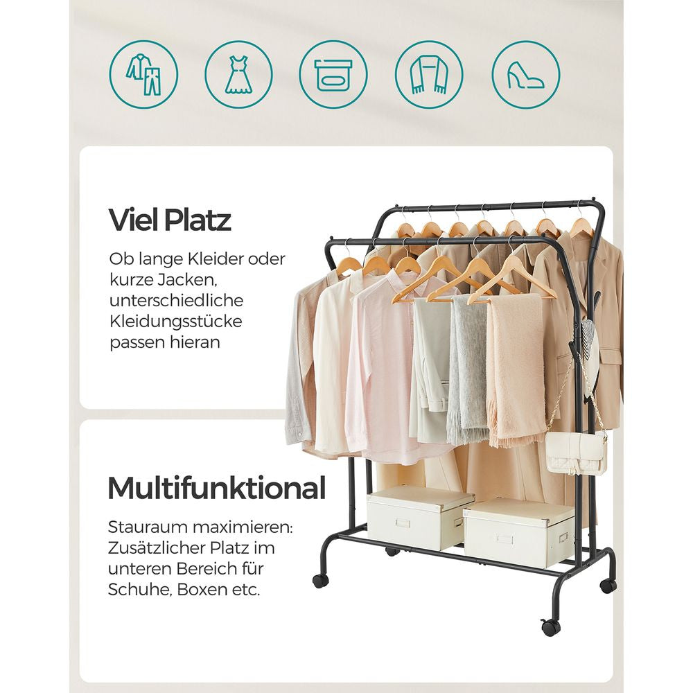 Songmics HSR107B01 Garderobenständer – mit Rollen, 50 kg Tragkraft – Stahl – Schwarz – 1'550 mm