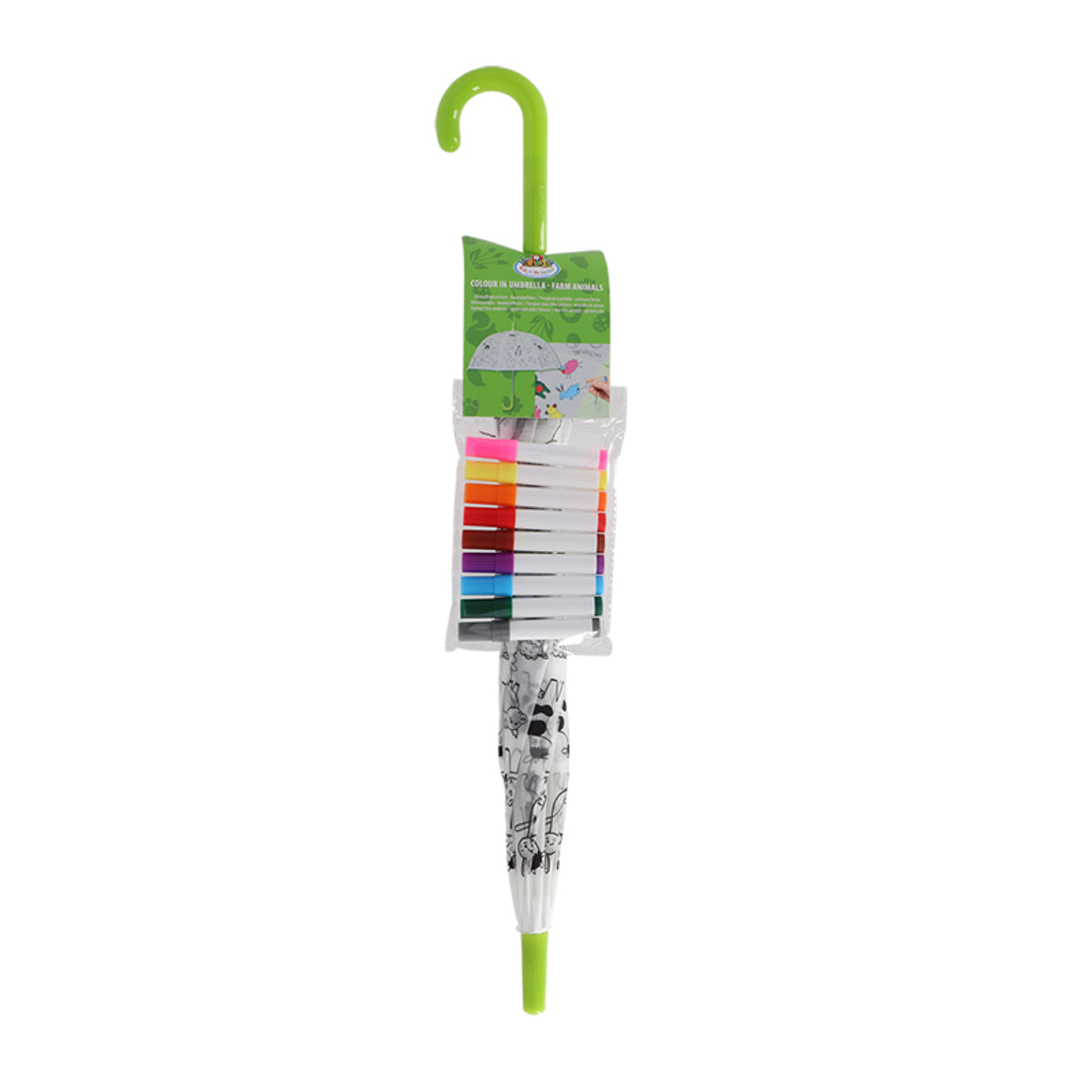 Esschert Design Kinderregenschirm KG280 – Ø 70,5 cm – Weiss Bauernhof – zum Ausmalen, mit Markern