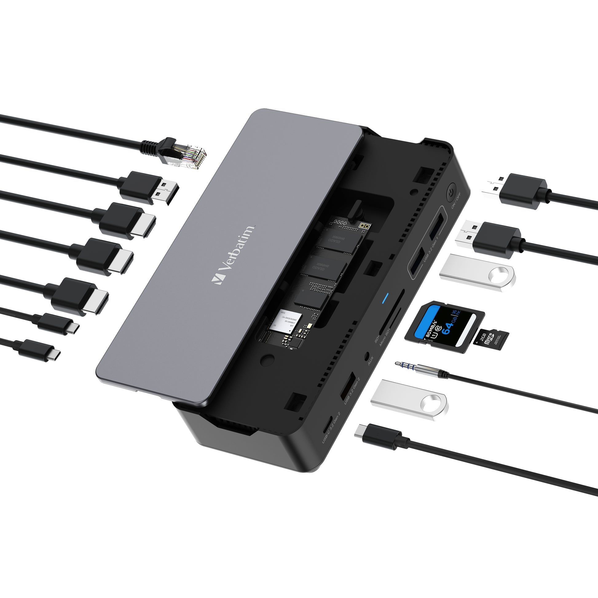 Verbatim CDS-15SSD Dockingstation – USB-C, DP, 2× HDMI, 3× USB-A, 100 W PD, GbE, 256 GB SSD, für Windows/Mac