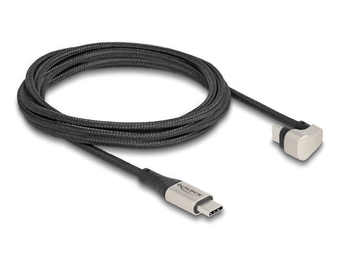 DeLOCK USB-C auf USB-C Kabel – USB 2.0 (480 Mbit/s) – 2 m – PD 60 W – Abgewinkelt, Textilmantel – Schwarz