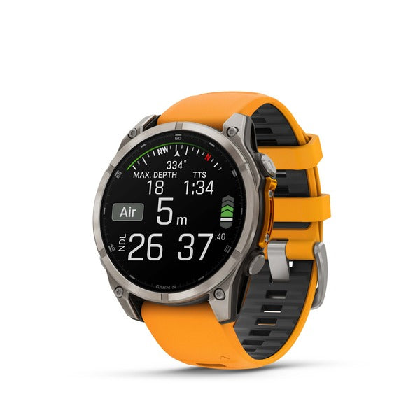 Garmin Fenix 8 – Smartwatch – 47 mm, 1,4" AMOLED, GPS, Saphirglas, 100 m, Silber, Orange Sportarmband