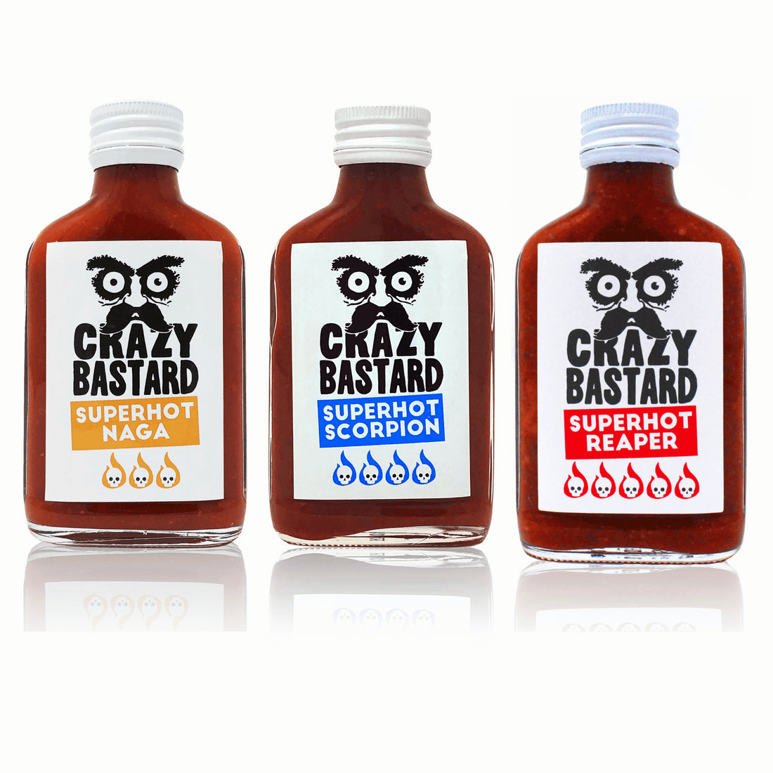 Crazy Bastard Sauce Chilisauce Superhot Naga, Scorpion, Reaper – 3×100 ml