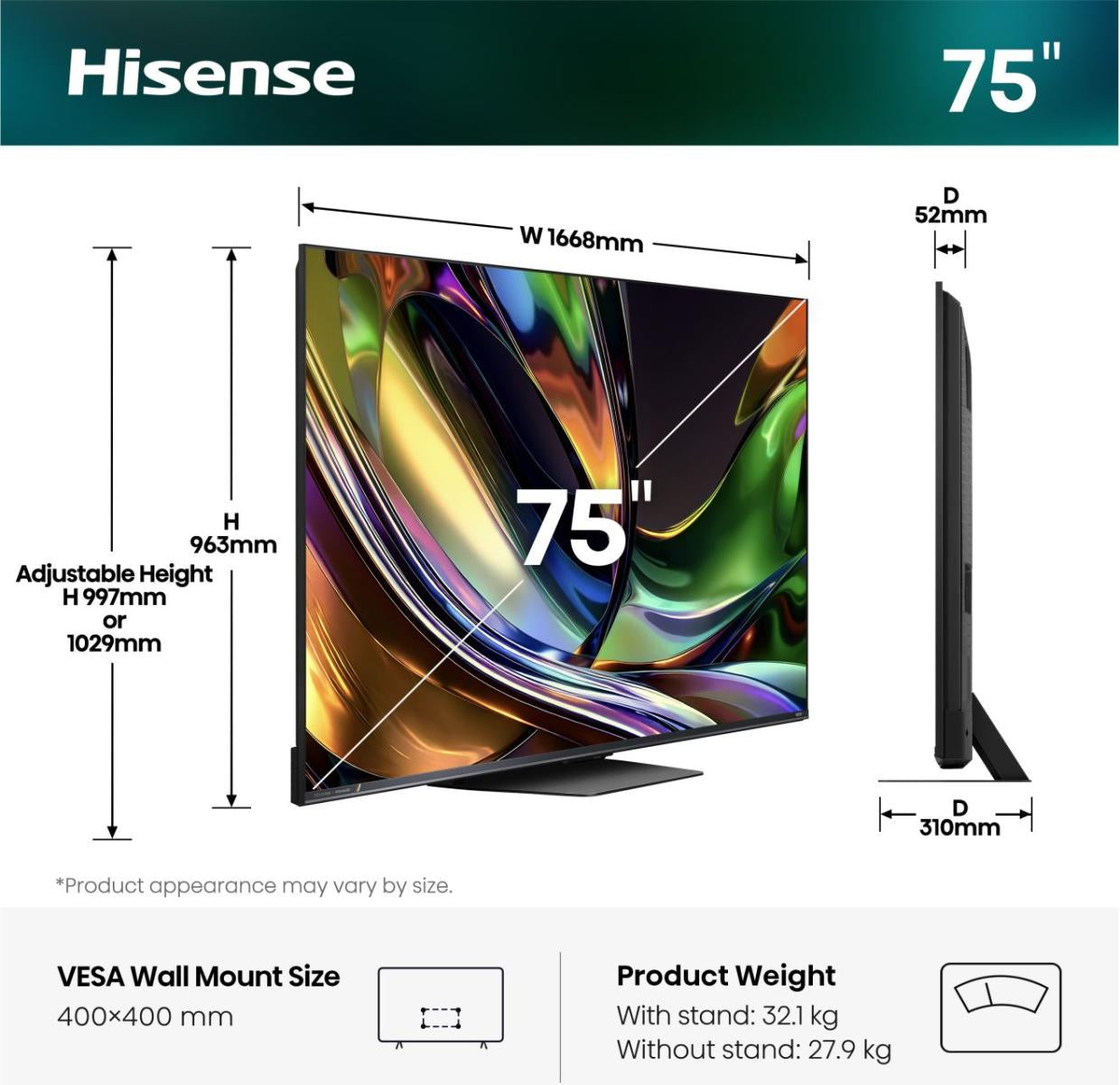 Hisense 75UR8DS – 75" TV – 4K UHD – QD-Mini LED – VIDAA – 180 Hz – Dolby Vision, HDR10+
