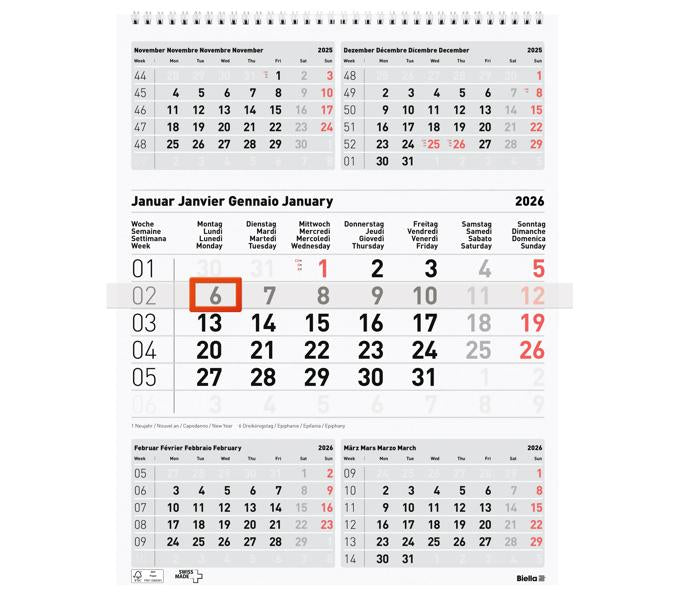 Biella 5-Monats-Kalender – 5 Monate pro Blatt – viersprachig D/F/I/GB – 2026 – Datumsschieber, Spiralbindung – 31