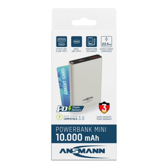 Ansmann PB320PD Powerbank 10'000 mAh – 22,5 W PD, 1× USB-C, 1× USB-A, weiss