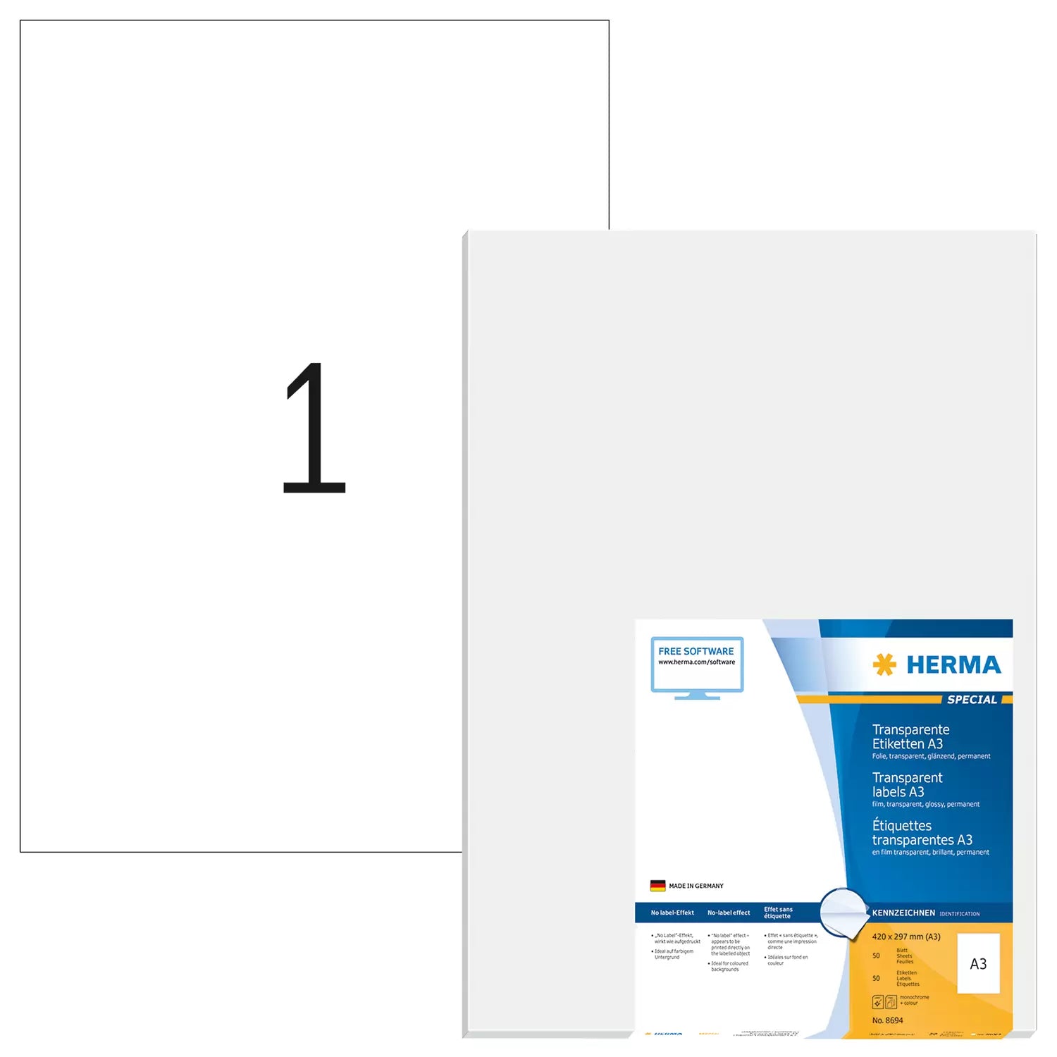 HERMA Drucketiketten, 410 mm × 297 mm, transparent, Folie, permanent, 50 Blatt