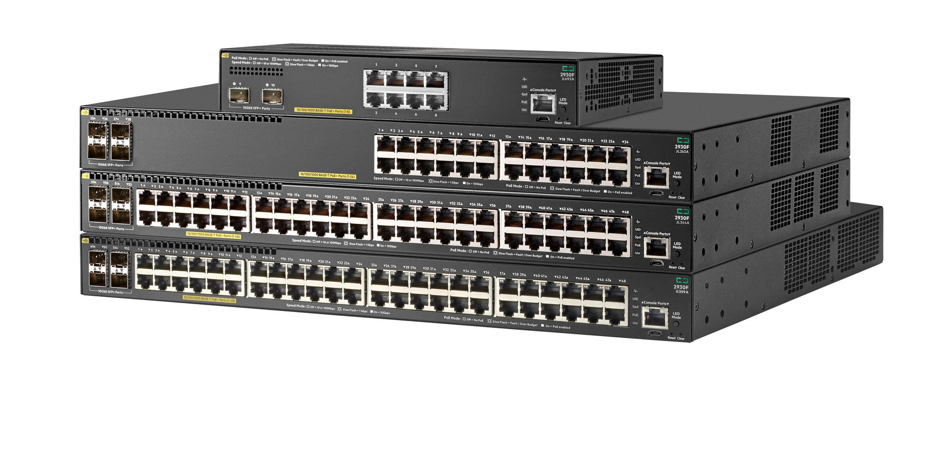 HPE Aruba Networking 2930F 24G – Managed L3 Switch – 24× 1G, 4× SFP+, PoE+, PoE-Budget 370 W, 19", 1U
