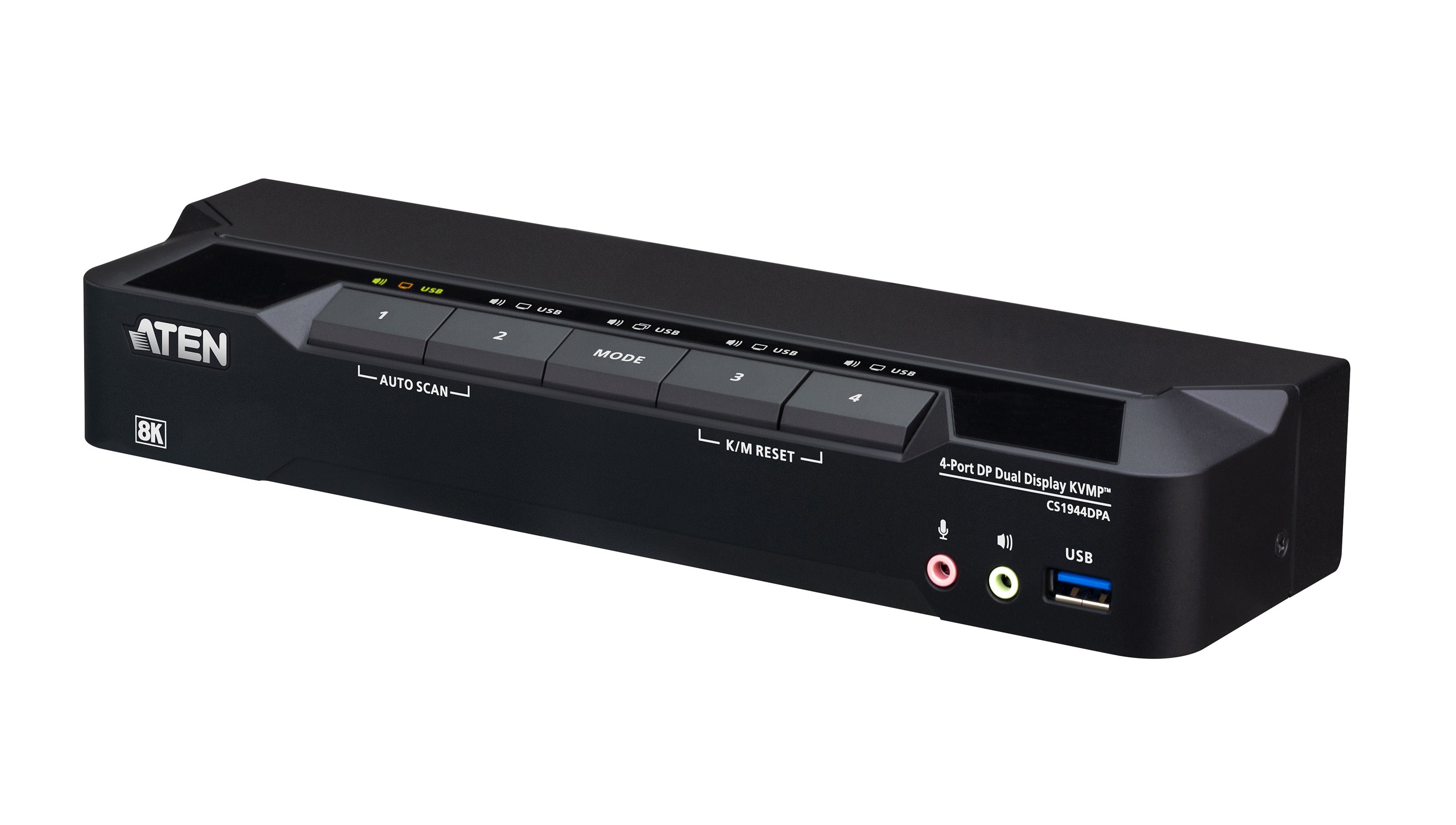 ATEN CS1944DPA – KVM-Switch (Dual-Display) – 4-Port, 8×DP, USB-3.0-Hub 5 Gbit/s, 8K@60, 4K@120, Schwarz