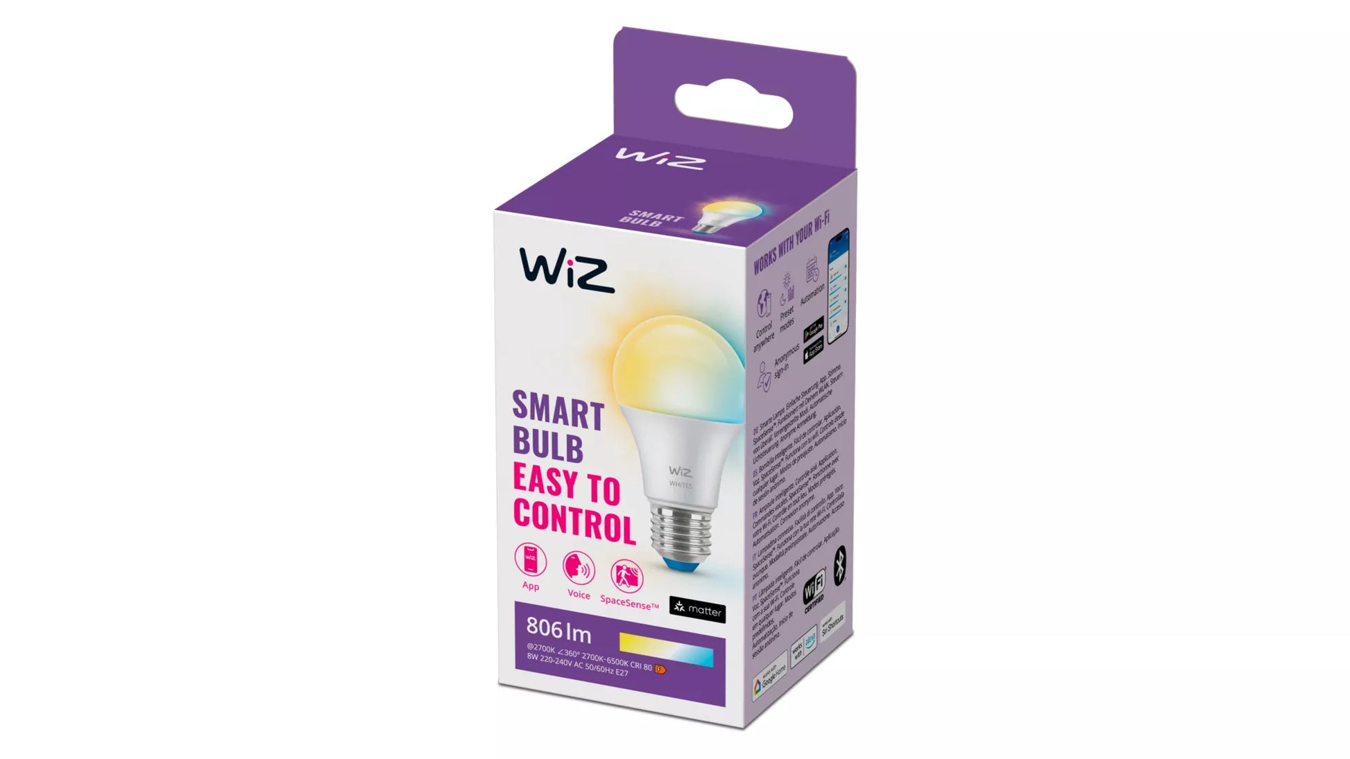 WiZ Smart-Leuchtmittel E27 A60 – 806 lm, 2700–6500 K, WLAN, dimmbar – Weiss