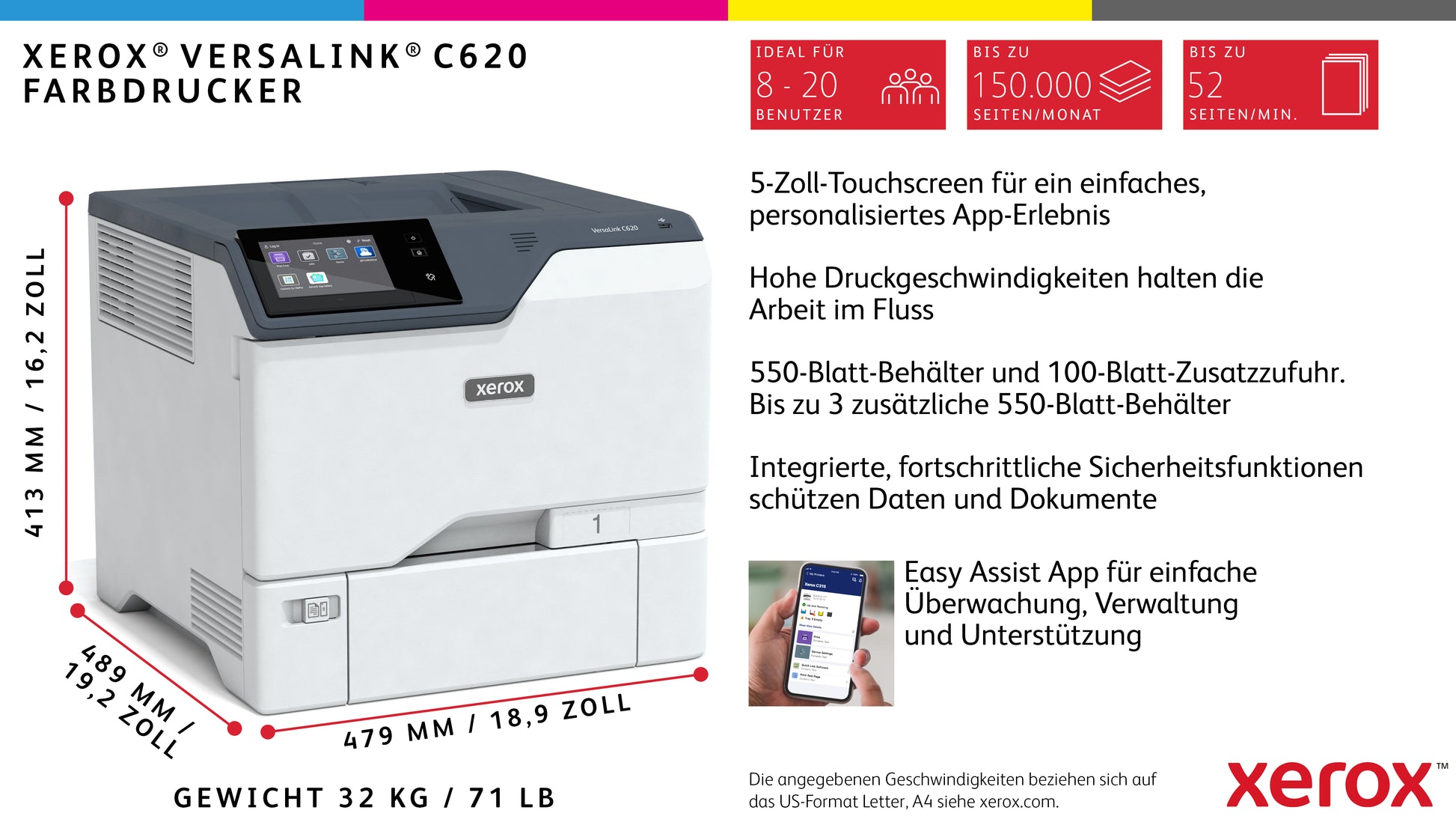 Xerox VersaLink C620 – A4, Duplex, 50 Seiten/Min., Papier: 650 Blatt