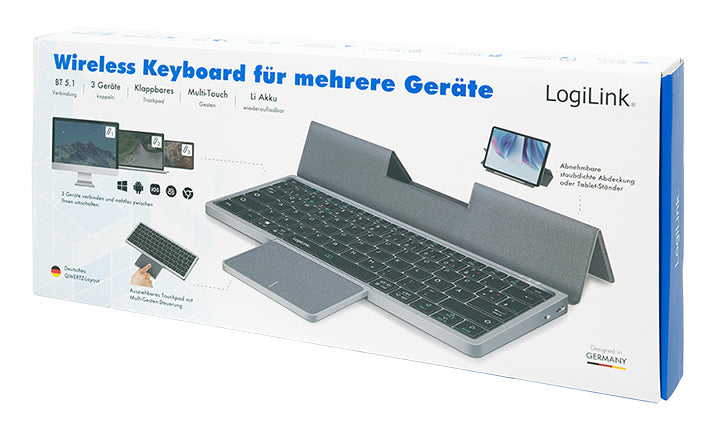 LogiLink Tastatur 75% – Bluetooth 5.1, Multi-Device (3 Geräte) – QWERTZ (DE) – Grau – ohne Ziffernblock
