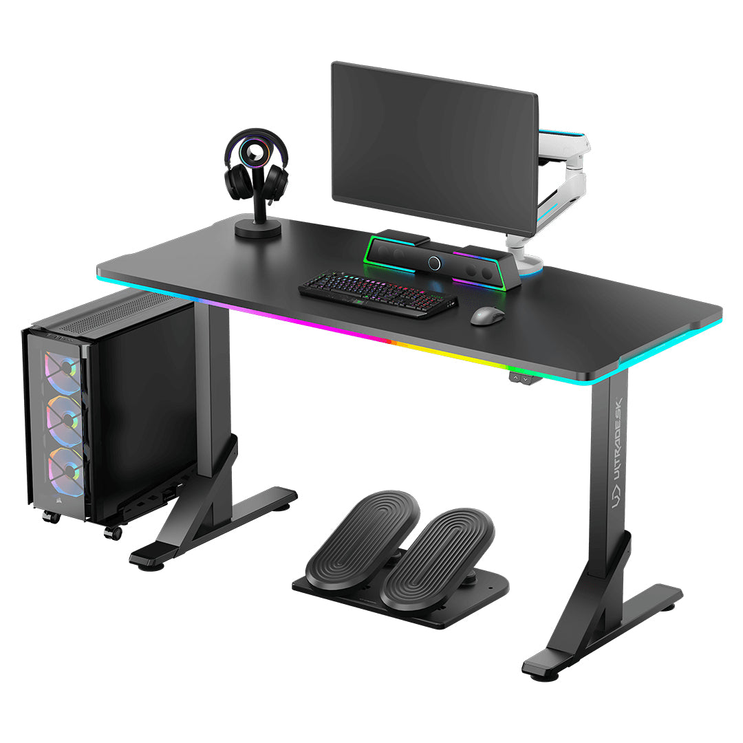 Ultradesk Iron Gaming-Tisch – 132,5 × 60,5 cm, höhenverstellbar, LED-Beleuchtung, schwarz, Stahl