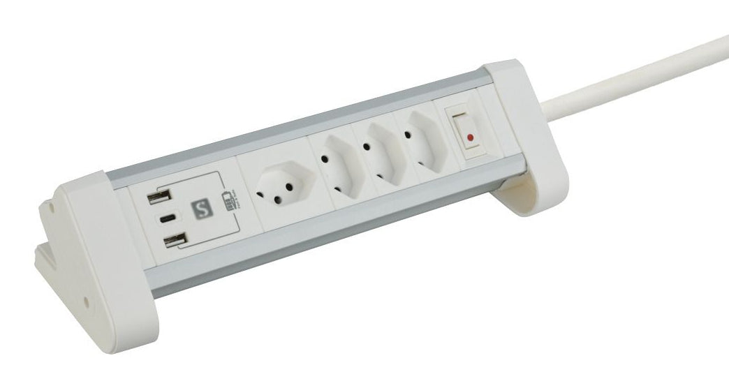 M. Schönenberger Schönenberger ALU Desktop Steckdoseneinheit – 4×T13, USB-C + 2×USB-A 20 W, 2 m, Schalter, Tisch