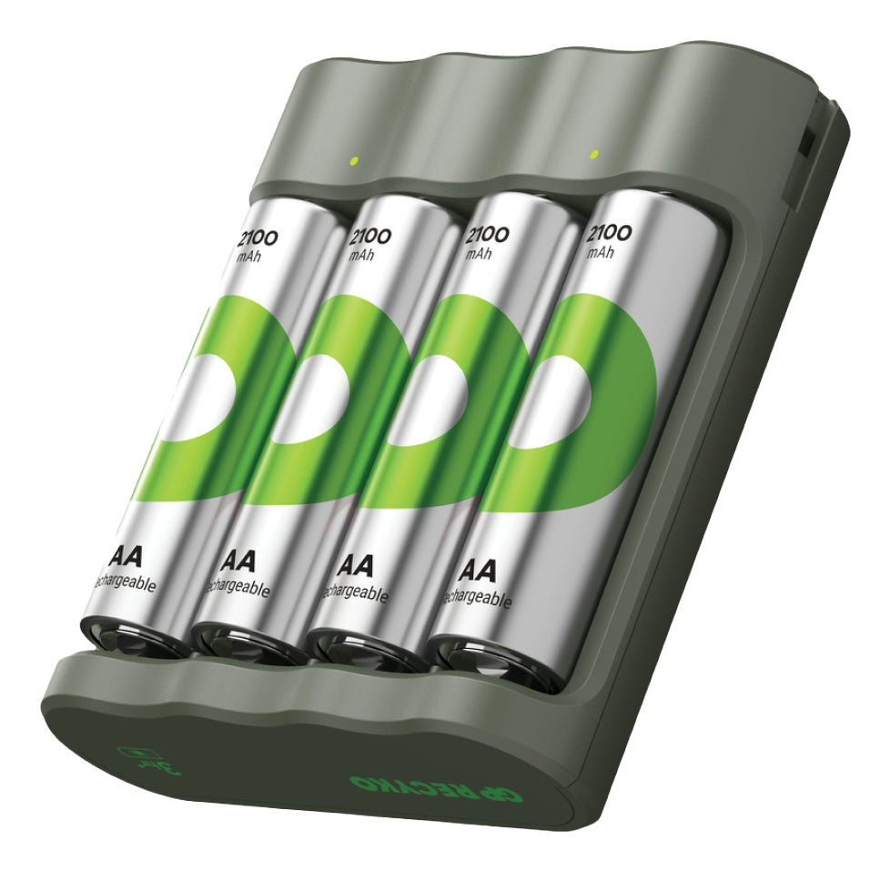 GP Batteries B421 Batterieladegerät 4× – für NiMH AA – inkl. 4× AA 2100 mAh, USB, grau