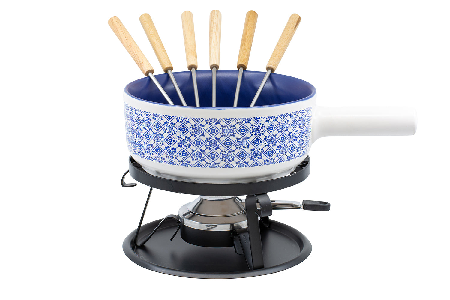 Kadastar Fondue-Set – Ø 22 cm, Keramik, für Käsefondue, Elektro, Blau/Weiss, 6 Personen, 9 Teile