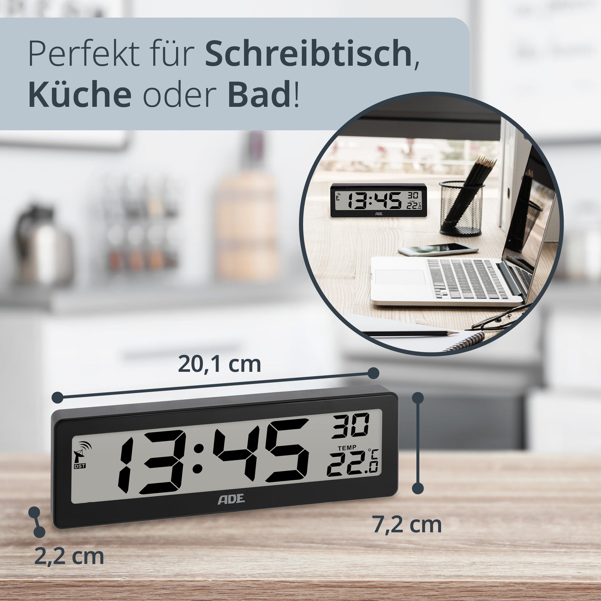 ADE Wecker CK1704-2 – Funk – Digital – 7,2 × 2,2 × 21,6 cm, Schwarz, Thermometer
