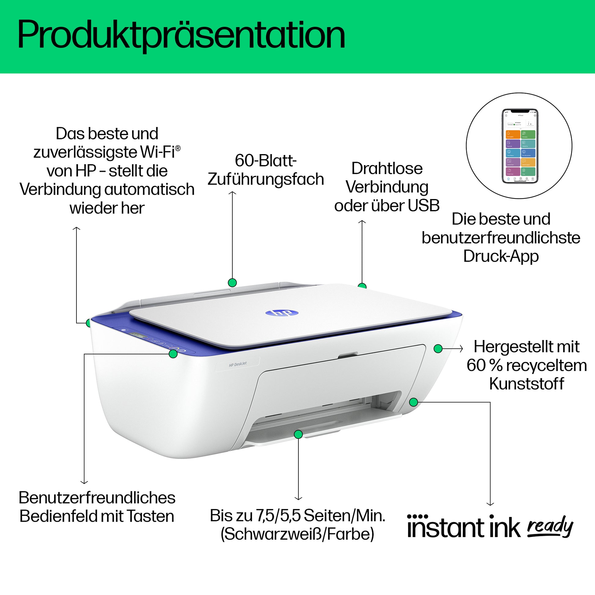 HP Deskjet 2821E – Farbiges Tintenstrahl-MFP A4 – WLAN – 7,5 ppm S/W