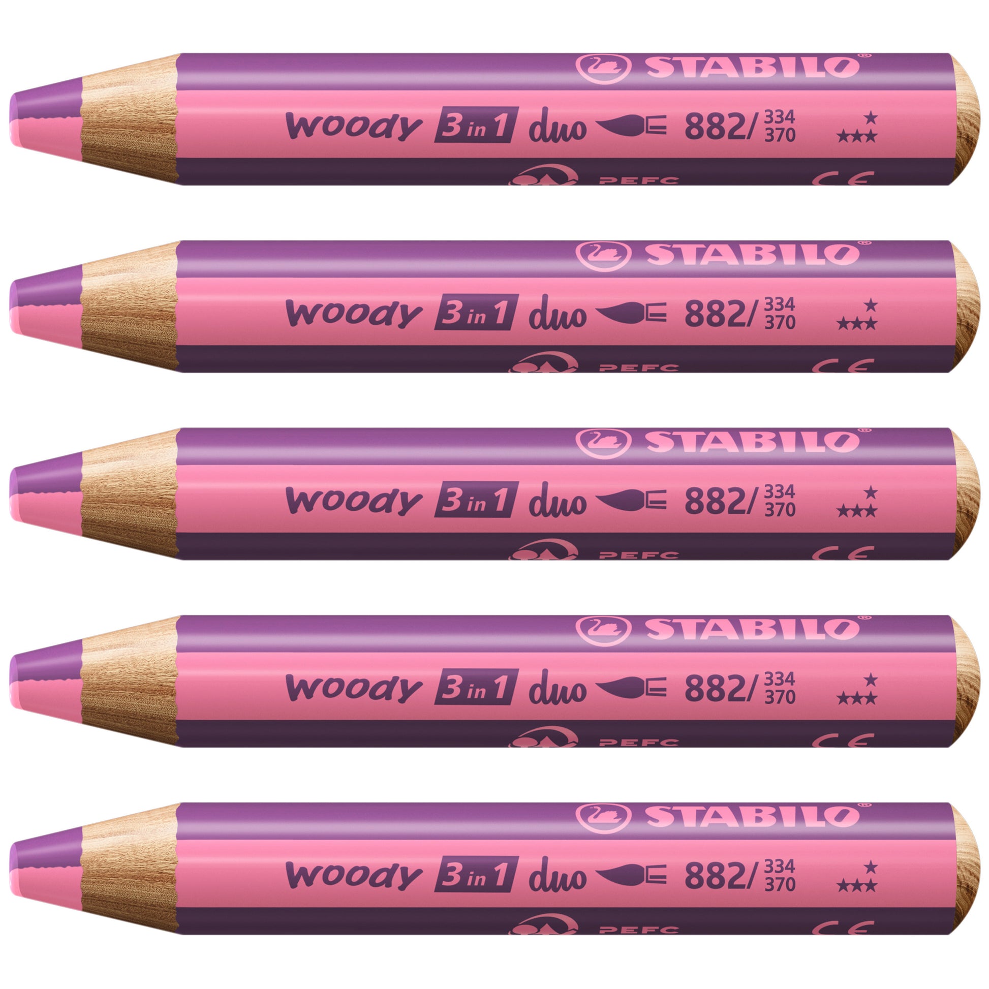 STABILO Buntstifte Woody 3 in 1 Duo – 3-in-1, Minen-Ø 10,0 mm, 5 Stifte, mit Spitzer
