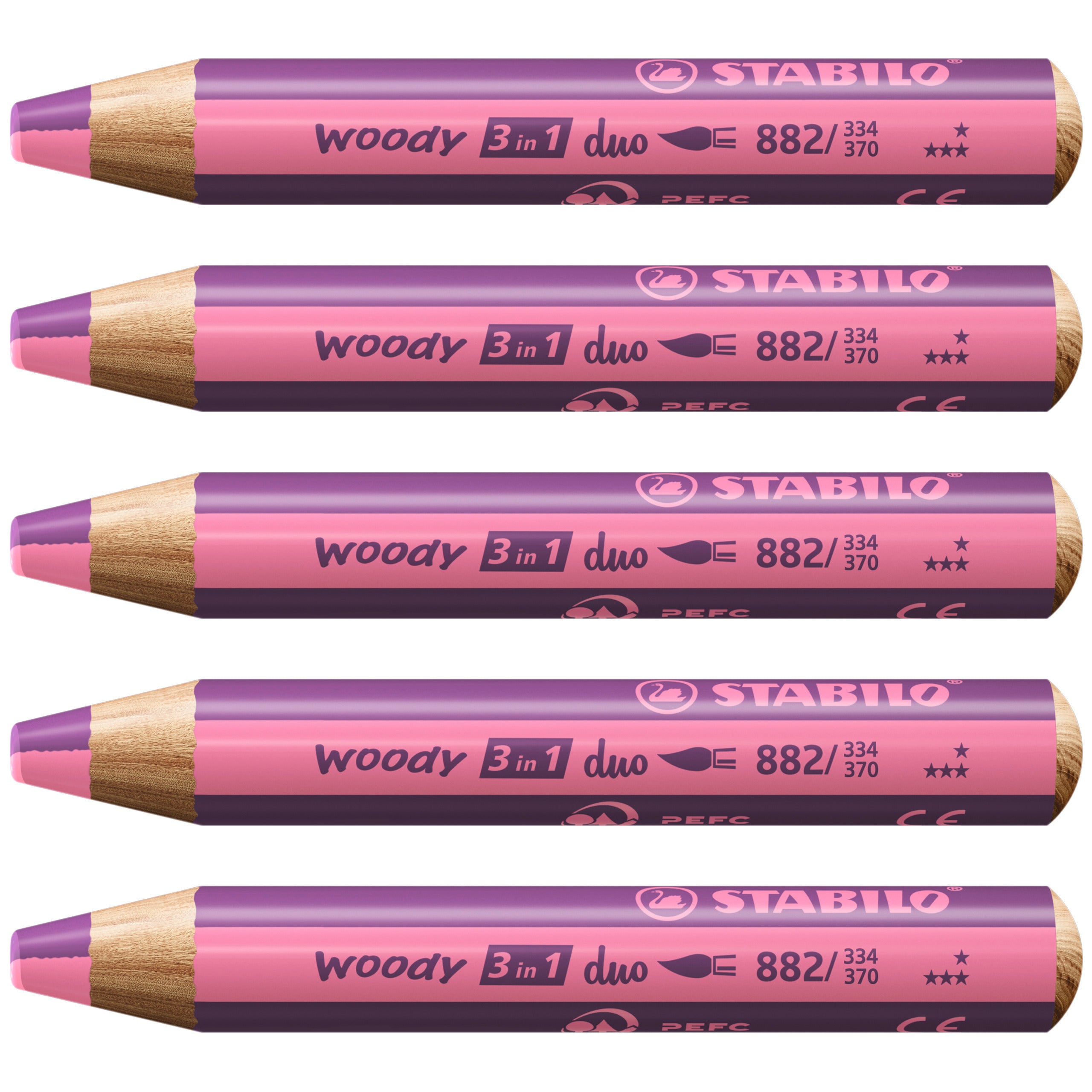 STABILO Buntstifte Woody 3 in 1 Duo – 3-in-1, Minen-Ø 10,0 mm, 5 Stifte, mit Spitzer