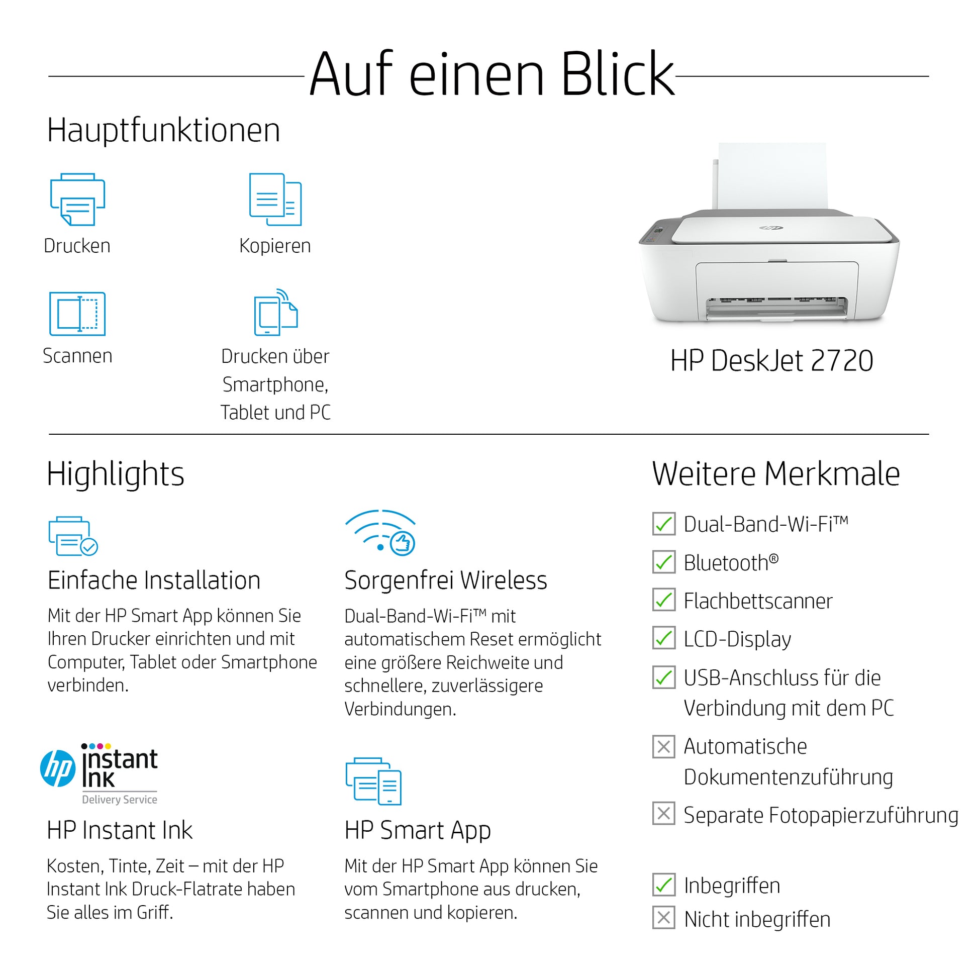 HP DeskJet 2720 – Farbtintenstrahl-Multifunktionsdrucker, A4, 3-in-1, Duplex, WLAN, AirPrint, Mopria
