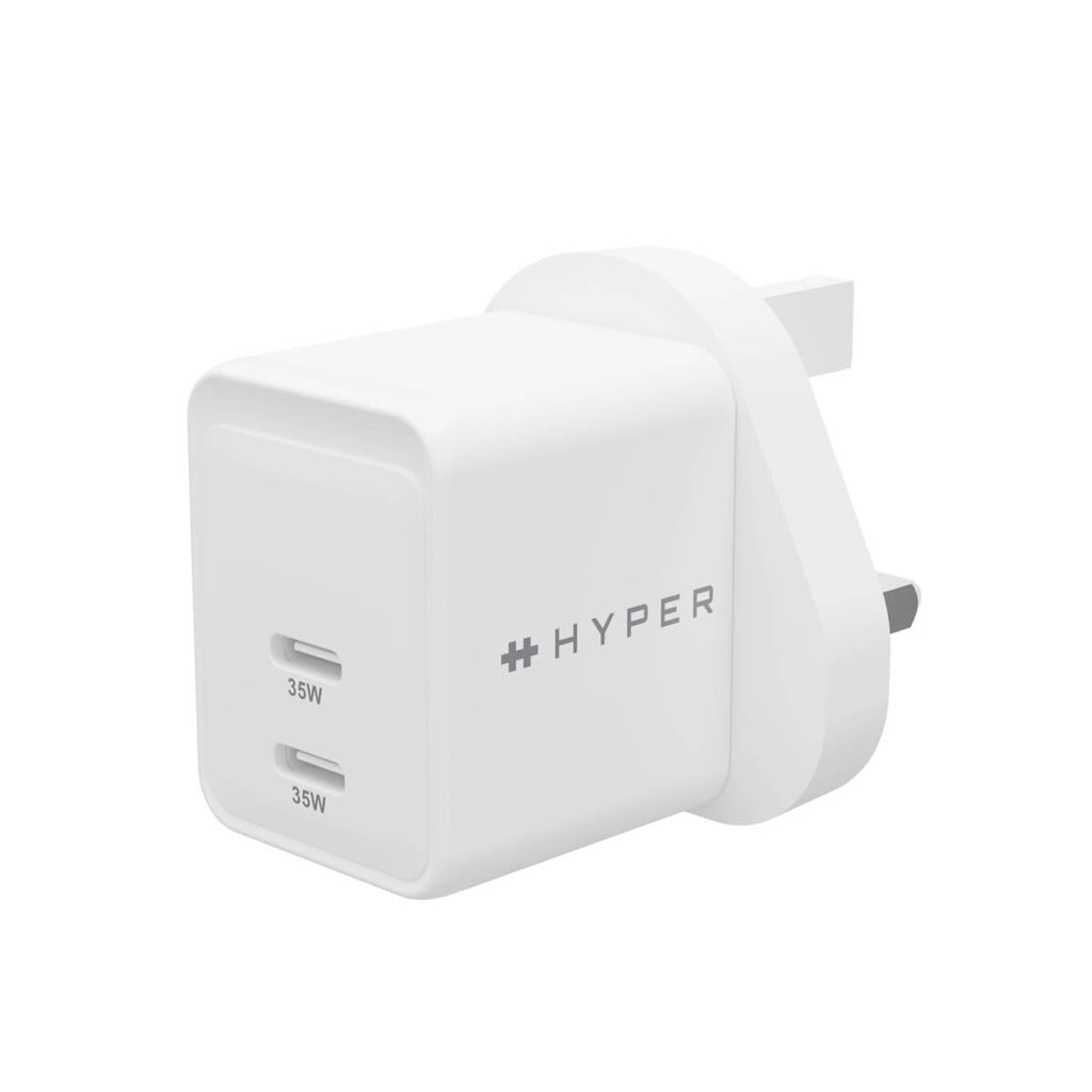 HyperJucie USB-Wandladegerät 35 W – USB-C×2 – PD 3.0, QC 3.0, PPS, GaN – UK-Stecker (Typ G) – Weiss