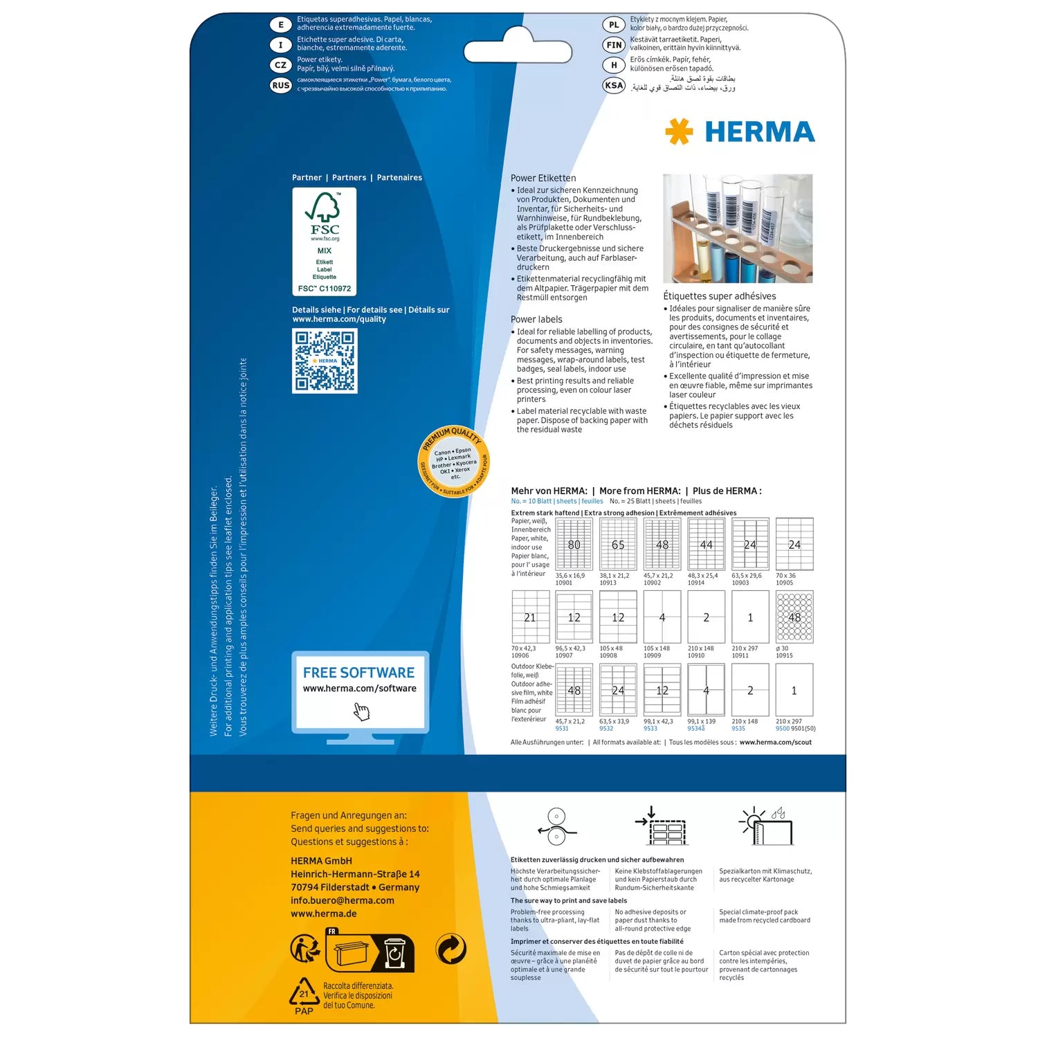 HERMA Etiketten (A4-Bogen), 46 mm × 21 mm, weiss, Papier, extra stark, 25 Blatt