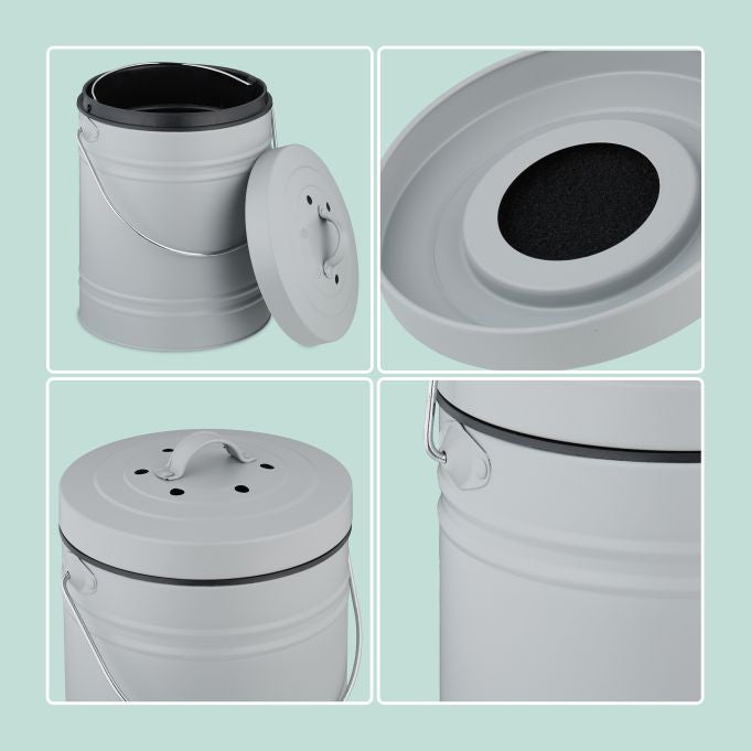 Relaxdays Komposteimer 10051223_111 – 5 l – Eisen, Oval – Grau – mit Geruchsfilter