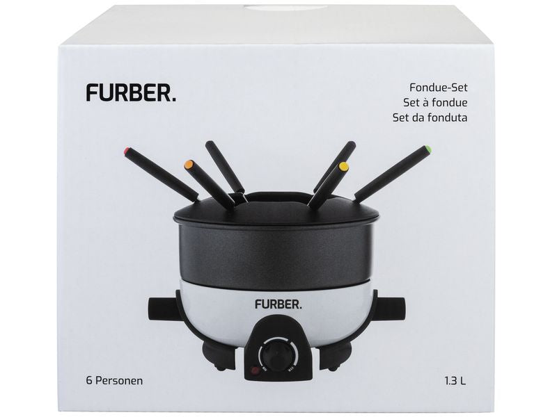 Furber. Furber Fondue-Set Alpy – Edelstahl, 1,3 l, 6 Gabeln, elektrisch – schwarz/weiss