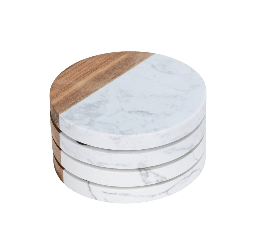 WENKO Untersetzer Marnie – Ø 10,0 cm, Marmor/Holz, Braun