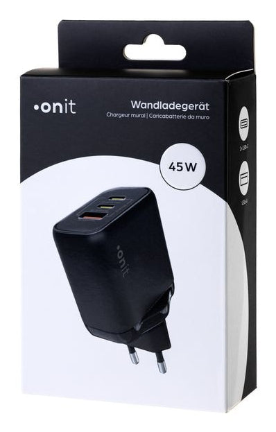 ONIT F02799 USB-Ladegerät 45 W – USB-C×2, USB-A×1 – PD 3,0, PPS, QC 3,0, GaN – EU-Stecker (Typ C) – Schwarz