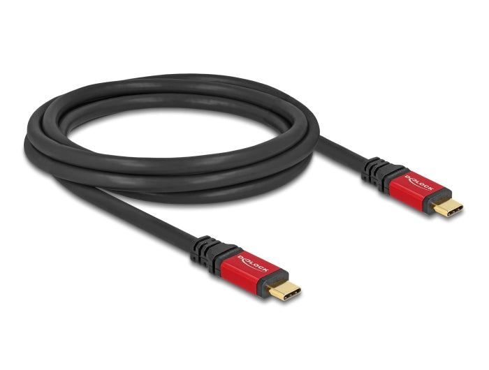 DeLOCK USB-C auf USB-C Kabel – USB 2.0 (480 Mbit/s) – 2 m – PD 240 W – E-Marker, Goldstecker – Schwarz/Rot
