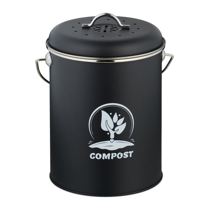Relaxdays Komposteimer – 5,5 l – Eisen, rund – silber/schwarz – mit Filter