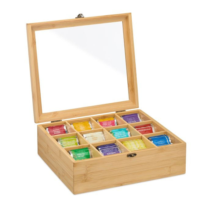 Relaxdays Teebeutelbox Bambus, 12 Fächer, Hellbraun