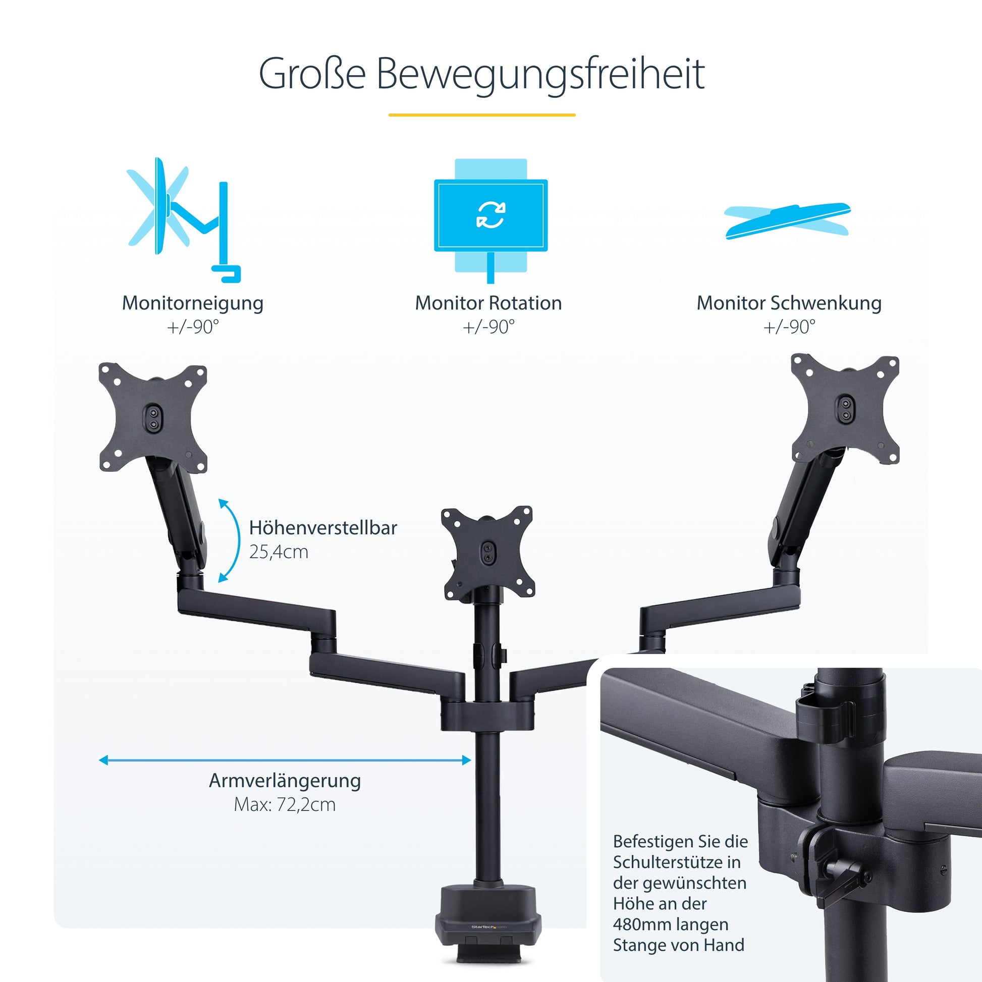 StarTech.com Monitorarm Tischhalterung – 3 Monitore – bis 27" – VESA 75×75/100×100 mm